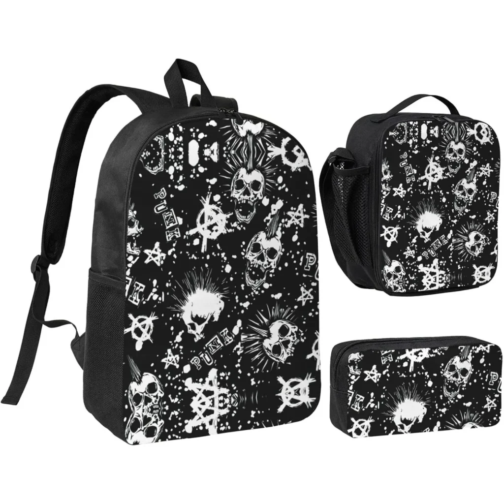 White Punk Skull Print Shoulder Bookbags Lunch Bag and Pen Case 17 Inches Backpack with Lunch Box Cute Bookbag Set